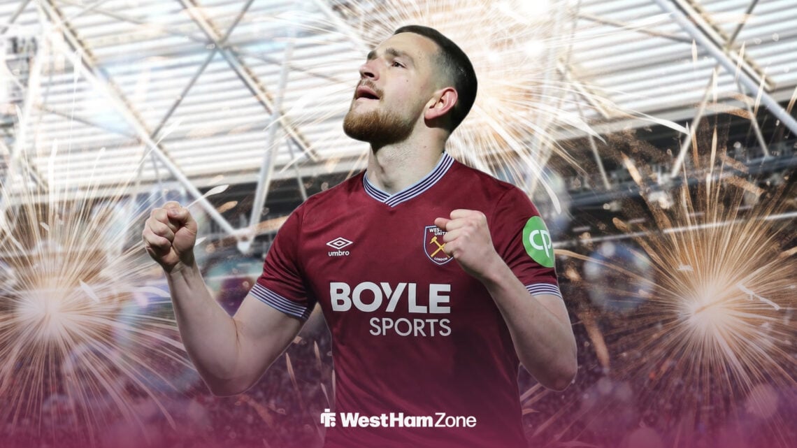 Zan Vipotnik celebrating in a West Ham United shirt outside the London Stadium.