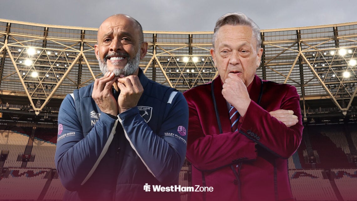 Nuno Espirito Santo looking concerned, with David Sullivan alongside him and London Stadium in background