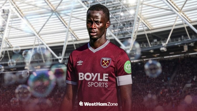 Moustapha Mbow in a West Ham kit at London Stadium