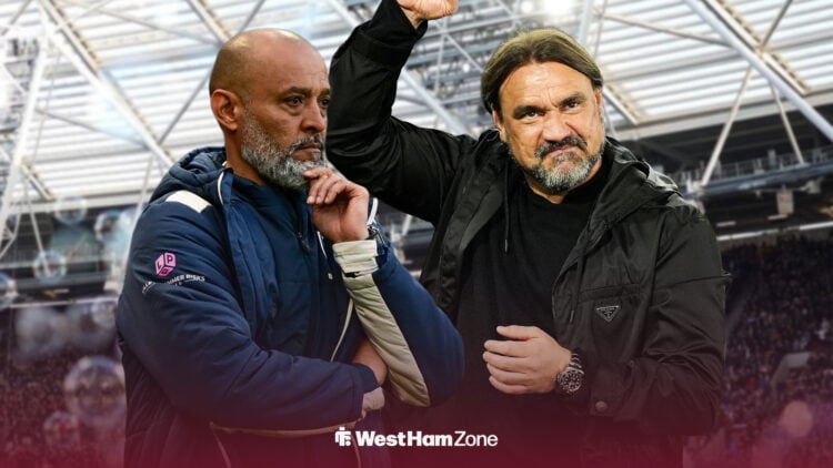 Nuno Espirito Santo looking worried at London Stadium with Daniel Farke beside him