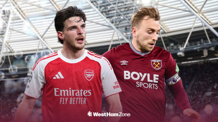 Declan Rice and Jarrod Bowen side-by-side, with the London Stadium behind them