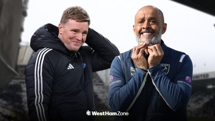 Eddie Howe and Nuno Espirito Santo with St James' Park as the background.