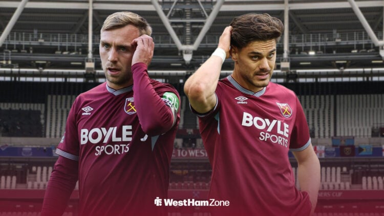 Jarrod Bowen and Konstantinos Mavropanos ahead of London Stadium