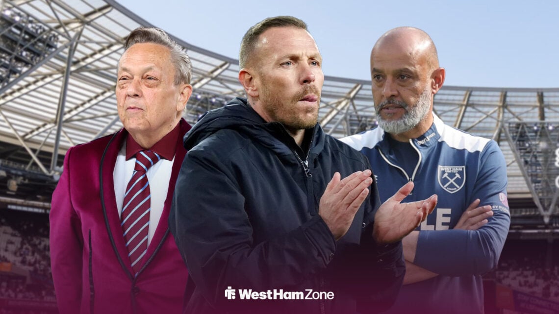 David Sullivan Craig Bellamy and Nuno Espirito Santo, with the London Stadium behind them