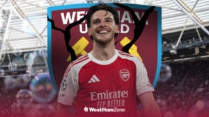 Declan Rice smiling in front of a shattered West Ham badge and the London Stadium.