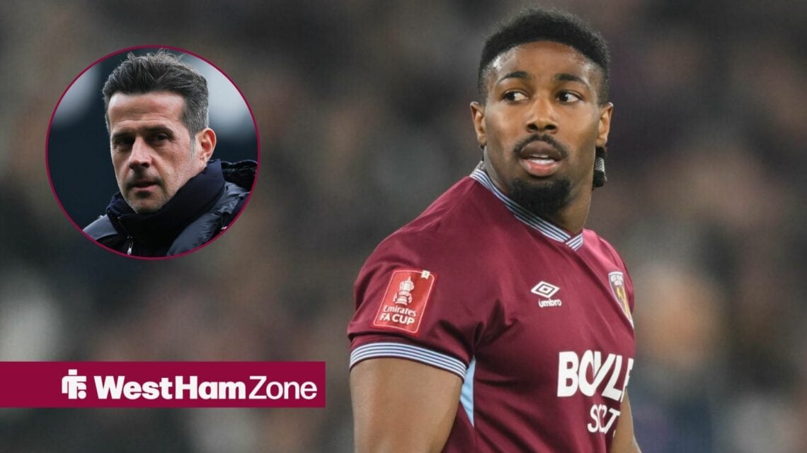 Adama Traore in action for West Ham in the FA Cup looking towards a circle inset of Marco Silva