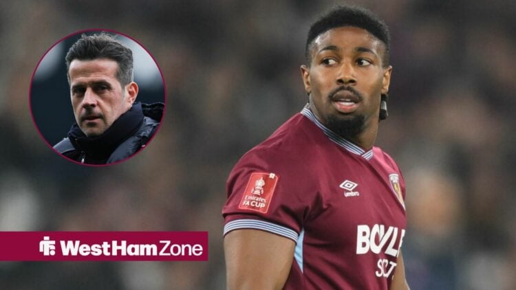 Adama Traore in action for West Ham in the FA Cup looking towards a circle inset of Marco Silva